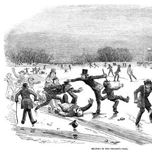LONDON: ICE SKATING, 1854. Ice skating in Regents Park, London, England. Wood engraving