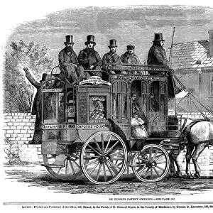 LONDON OMNIBUS, 1860. De Tivolis patent omnibus at London. Wood engraving, English, 1860
