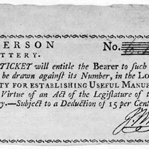 LOTTERY TICKET, 1791. Lottery ticket sold to raise money for the Society for Establishing