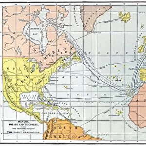 MAP: ATLANTIC VOYAGES. Map showing the routes of the major European voyages of discovery