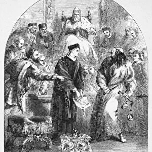 MERCHANT OF VENICE. Portia disputes with Shylock at the trial, Act IV, Scene I. Wood engraving for William Shakespeares Merchant of Venice after Sir John Gilbert (1817-1897)