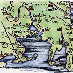 NEW ENGLAND MAP 1677. Detail of a woodcut map of New England from William Hubbards Narrative of the Troubles in New England, 1677. This is thought to be the first map cut in