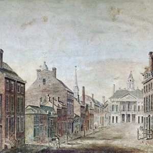 NEW YORK: FEDERAL HALL. View of Broad Street and Federal Hall. Watercolor, 1797