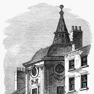 The old College of Physicians in Warwick Lane, London, England. Wood engraving, 1866