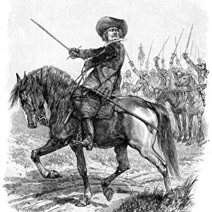 OLIVER CROMWELL (1599-1658). English soldier and statesman. Cromwell leading Parliamentary forces into battle at Marston Moor, 2 July 1644. Wood engraving, late 19th century, after Richard Caton Woodville