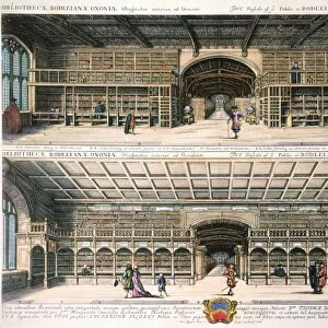 OXFORD: BODLEIAN LIBRARY. Interior of the Bodleian Library at Oxford University. Colored engraving, 1675, by David Loggan