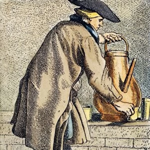 PARISIAN COFFEE MAN, c1740. A Parisian street-crier offering coffee for sale: French colored engraving, c1740