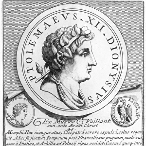 PTOLEMY XIII (63-47 B. C. ). King of Egypt, 51-47 B. C. Called Ptolemy Theo Philopator II. Medallion of Ptolemy XIII (incorrectly listed here as Ptolemy XII) in 49 B. C. : copper engraving, 17th century