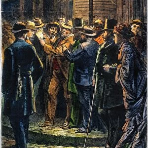 Reading an election bulletin by gaslight in New York City on presidential election night in 1876: contemporary colored engraving