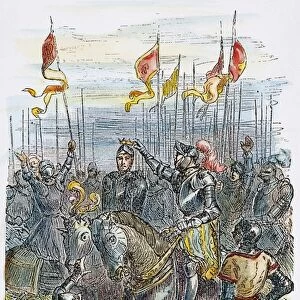 RICHARD III AT BOSWORTH. The defeat and death of King Richard III at the battle of Bosworth Field (22 August 1485) by the Earl of Richmond, who became Henry VII: line engraving, 19th century