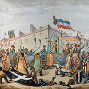 SANS-CULOTTES PARADE, 1793. Sans-culottes parade through Paris ridiculing Christianity