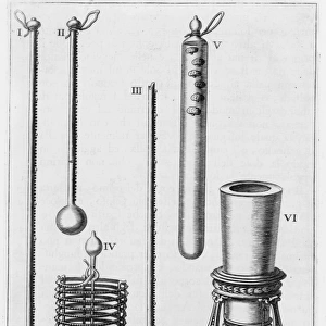 SCIENTIFIC INSTRUMENTS. Examples of Florentine thermometers and a hygrometer. Illustration from the Saggi di naturali Esperienze (Essays on Natural Experiments) by Lorenzo Magalotti, 1660