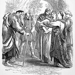 SHAKESPEARE: KING LEAR. Regan and Goneril turn away their father in Act II Scene IV of William Shakespeares King Lear. Wood engraving, English, 1881, after Sir John Gilbert
