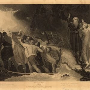 SHAKESPEARE: TEMPEST. Prospero and Miranda, right, standing on the island as the sailors are shipwrecked, (Act I, Scene I) from William Shakespeares The Tempest. Engraving by B. Smith, after a painting by George Romney, 1797
