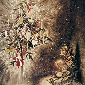 She was sitting under the loveliest Christmas tree. Drawing, 1932, by Arthur Rackham for the fairy tale by Hans Christian Andersen