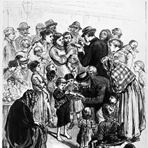 SMALLPOX VACCINATION, 1881. Compulsory vaccination in Jersey City, New Jersey, during a smallpox scare in 1881. Contemporary American wood engraving