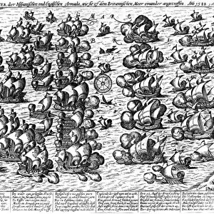 SPANISH ARMADA, 1588. Battle between the Spanish Armada (left) led by Duke Medina-Sidonia and the English Royal Navy led by Sir Francis Drake, 1588. Dutch engraving, 16th century