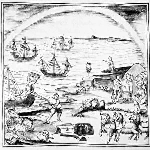 SPANISH CONQUEST, 1519. Hernando Cortes ships arriving in harbor in Veracruz, Mexico