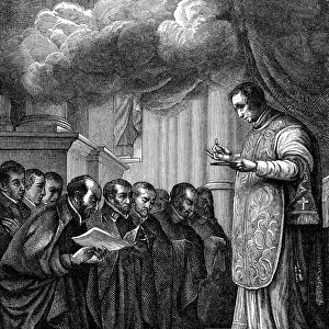 ST. IGNATIUS LOYOLA (1491-1556). Spanish soldier and ecclesiastic. St. Ignatius and his companions at Paris, France, taking vows of poverty and chastity in the Church of Montmartre on the Day of the Assumption, 1534. Line engraving after a painting, 17th century, from the school of Simon Vouet
