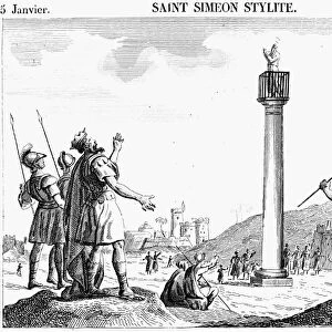 ST. SIMEON STYLITES (390-459). Syrian ascetic. Etching, French, early 19th century