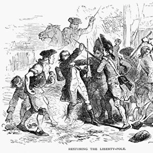 STAMP ACT FIGHT, 1766. A fracas between New Yorkers and British soldiers in 1766. The Americans had restored a Liberty Pole cut down by the redcoats. Wood engraving after Felix O. C. Darley (1821-188)