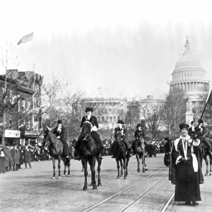 SUFFRAGETTES, 1913. Writer, socialite, and R. M. S. Titanic survivor Helen Churchill Hungerford Candee on horseback at the head of the womens suffrage parade at Washington, D. C. 3 March 1913