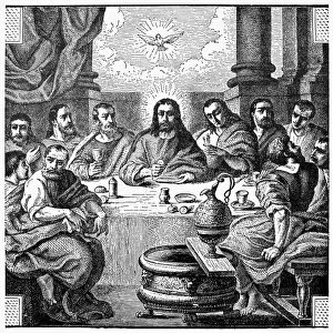 THE LAST SUPPER. Jesus and his disciples at the Last Supper. Wood engraving, 19th century