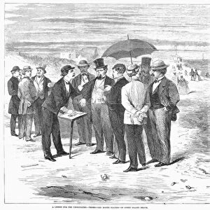THREE-CARD MONTE, 1867. A confidence man performing his tricks on Coney Island beach. Wood engraving, American, 1867
