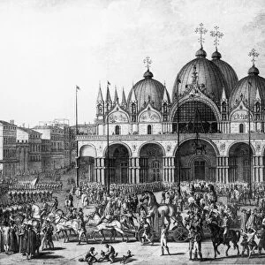 VENICE: SAINT MARKS, 1797. Napoleon I removing the Greek horses from Saint Marks Basilica in Venice to bring back to Paris, 1797. Line engraving