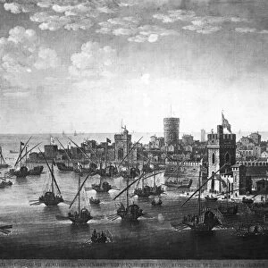 WAR OF THE CHIOGGIA, 1379. Naval battle between Venice and Genoa, as seen from Chioggia, 1379