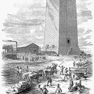 WASHINGTON MONUMENT. A view of the Washington Monument under construction. Wood engraving, American, 1854