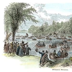 WILLIAMS RETURN, 1644. Roger Williams (1603?-1683) greeted by settlers on the Seekonk River in the autumn of 1644 upon his return from England with the charter for Providence Plantations, later organized as the colony of Rhode Island. Wood engraving, American, 1878