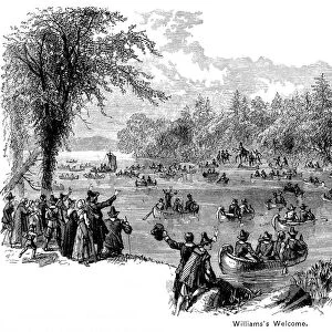 WILLIAMS RETURN, 1644. Roger Williams (c1603-1683) greeted by settlers on the Seekonk River in the autumn of 1644 upon his return from England with the charter for Providence Plantations, later organized as the colony of Rhode Island. Wood engraving, American, 1878