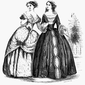 WOMENs FASHION, 1851. Ball and Dinner Costumes. Wood engraving from an American magazine of 1851