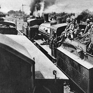 WORLD WAR I: GERMAN TROOPS. German and Austrian troops traveling by train during World War I