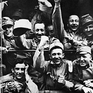 WWI: AUSTRIAN TROOPS. Austrian soldiers on a troop train celebrating at the end of World War I