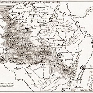 WWI: DESTRUCTION OF FRANCE. Map showing the devastated regions of France during