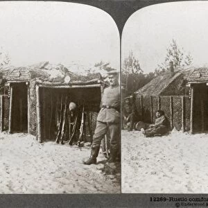 WWI: TRENCHES, c1916. Rustic comforts of German trench life. Stereograph, c1916