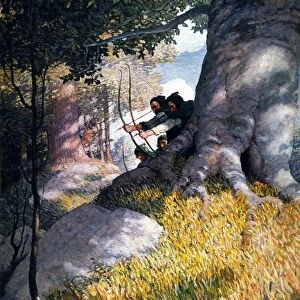 WYETH: ROBIN HOOD, 1917. Robin Hood and his companions lend aid to Will o th Green from ambush
