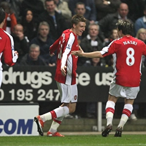 Triumphant Threesome: Bendtner, Van Persie, Nasri Celebrate First Arsenal Goal Against Newcastle (2009)