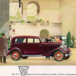 1934 advertisement for The New Ford two doors V-8 Saloon de Luxe