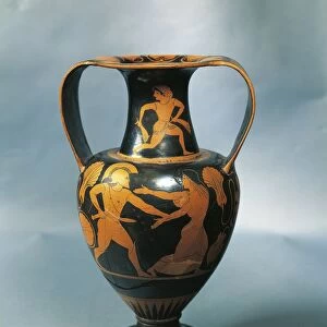 Amphora depicting Menelaus and Helen and a Nereid on the neck by Pamphaios, potter (circa 520-490 B. C. ) and Nikosthenes, painter (circa 545-510 B. C. )