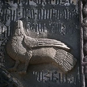Armenia, Kotayk, Geghard, bird carving at Geghard Monastery