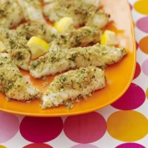 Baked cod coated with crumbs of parmesan, served with lemon slices on a plate