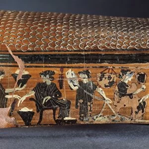Black-figure pottery, terracotta epinetron attributed to the Diosphos Painter, detail: scene of women weaving