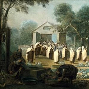 Carmelites in the Garden. 18th century painting. Nuns at work weeding and watering garden beds