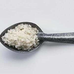 Coarse rock salt on metal spoon