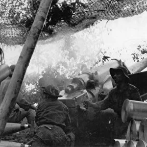 Communist forces attack dau mau base on highway 9, quang tri province, south vietnam, vietnam war, viet cong artillery unit, 130 mm gun, (soviet-made ks-30ja)