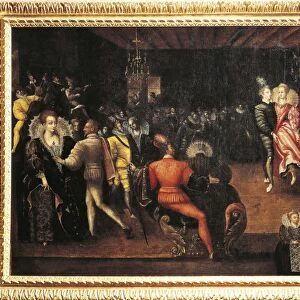 Couple dancing La Volta at ball at court of Henri III (1551-1589)
