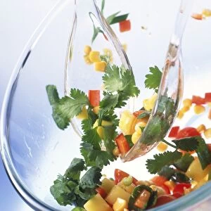 Diced salad with coriander, being lifted from a bowl using plastic serving spoons, close-up